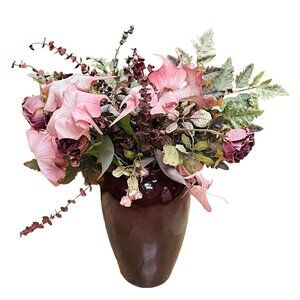 Large Decorative Vase With Artificial Floral Arrangement Pink & Green Silk Flowe